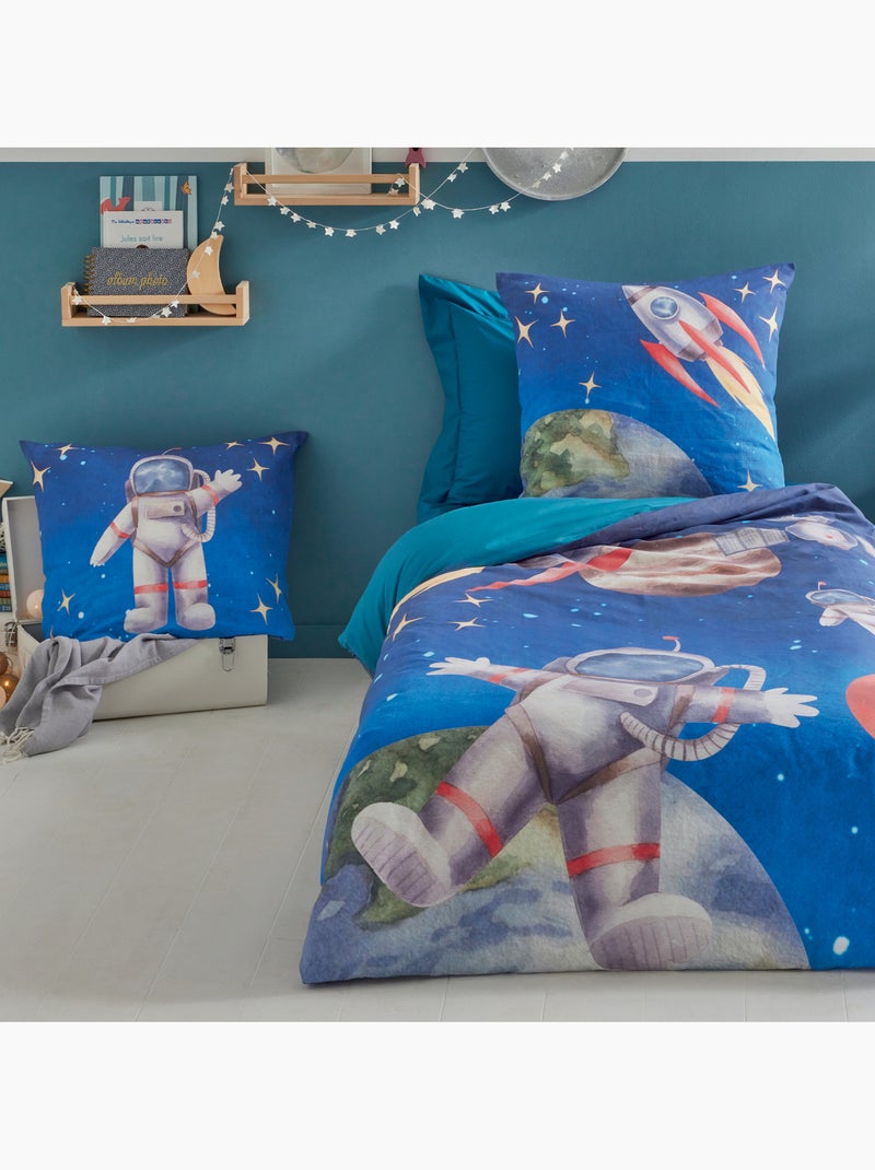 Housse de couette enfant percale de coton astronaute et fusée Bleu - Kiabi