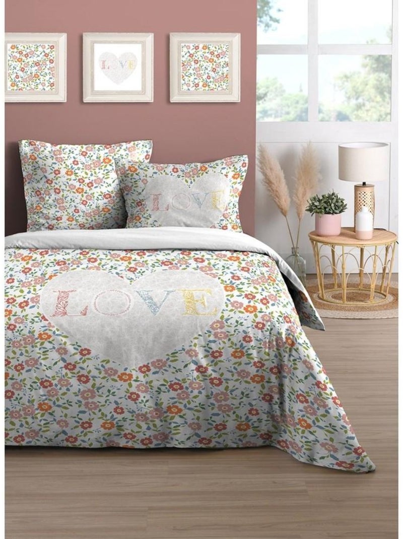 Housse de couette  Fleurette + taie(s) coton 57 fils Blanc - Kiabi