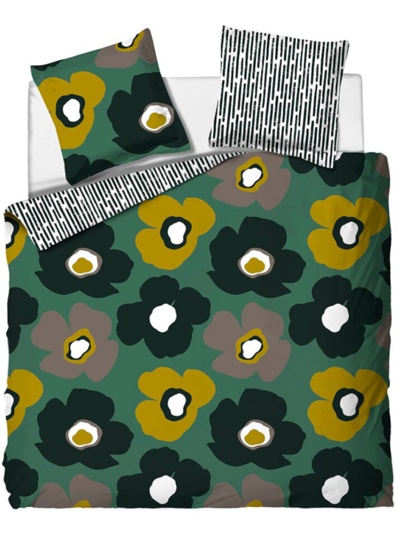 Housse de couette FLEURIE + 2 taies 100% coton Vert - Kiabi