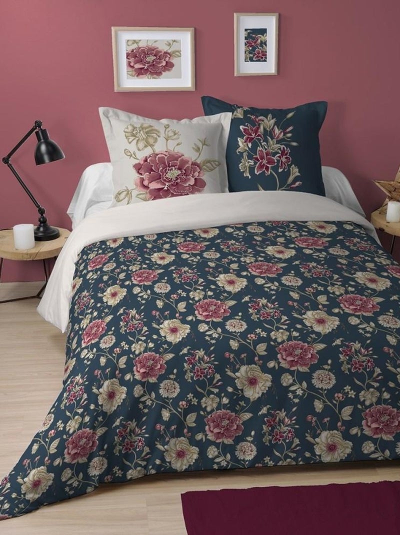 Housse de couette  Flore bleu + taie(s) coton 57 fils Bleu - Kiabi