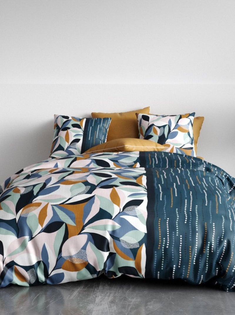 Housse de couette FLORIS + 2 taies coton 57 fils Bleu - Kiabi