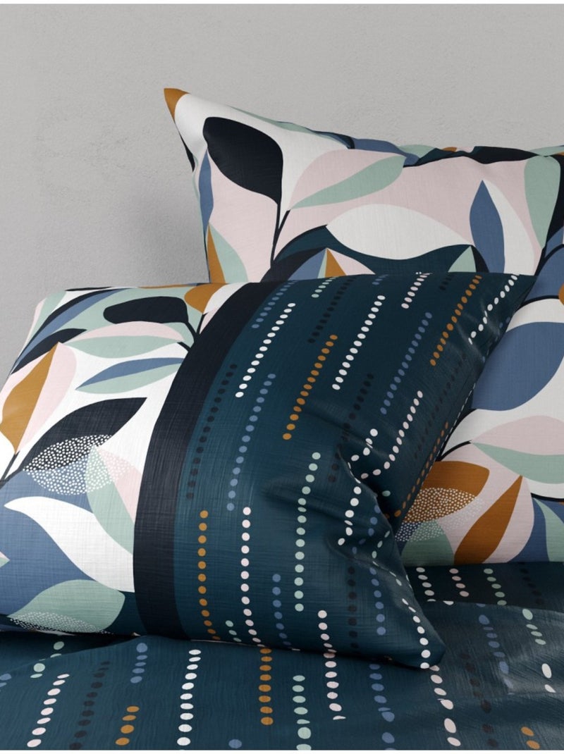 Housse de couette FLORIS + 2 taies coton 57 fils Bleu - Kiabi