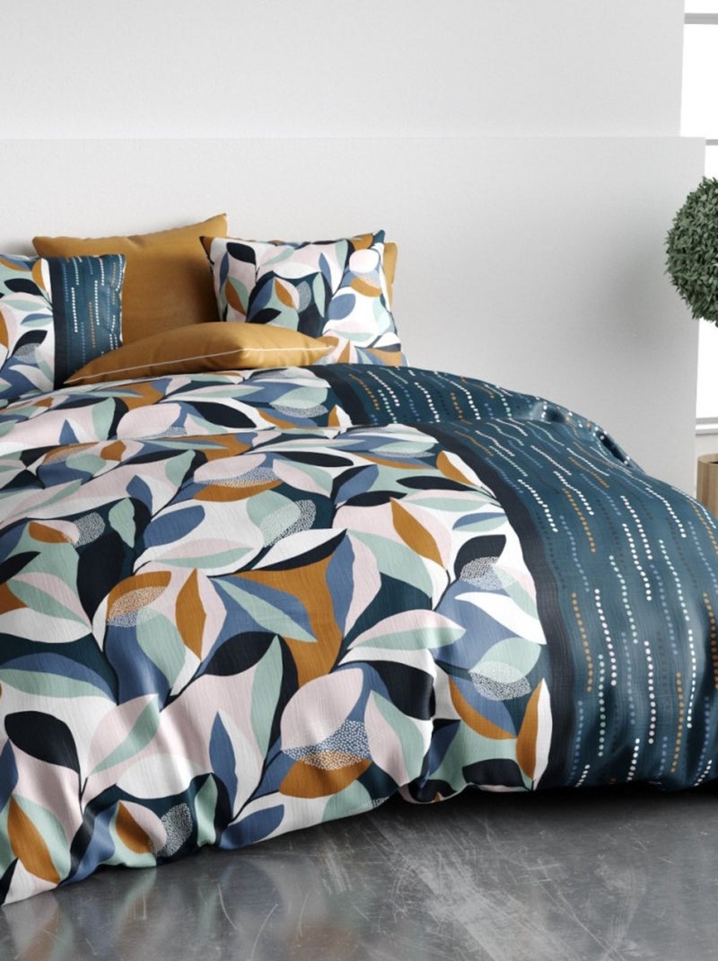 Housse de couette FLORIS + 2 taies coton 57 fils Bleu - Kiabi