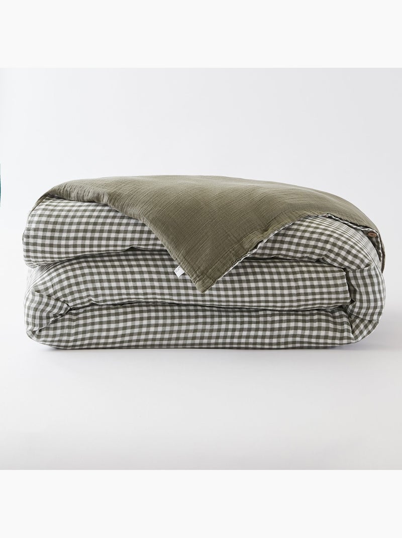 Housse de couette gaze de coton carreaux Vichy Kaki - Kiabi