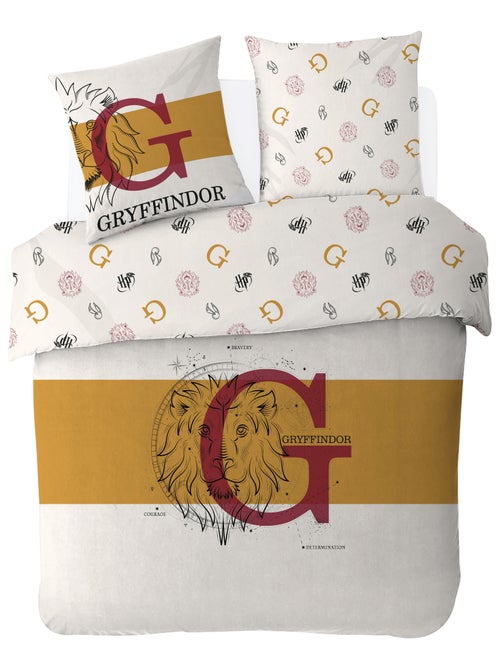 Housse de couette Harry Potter Gryffondor Lion 140x200 cm - 100% Coton - Blanche et or - Kiabi