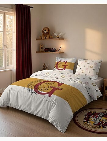 Housse de couette Harry Potter Gryffondor Lion 220x240 cm - 100% Coton - Blanche et or