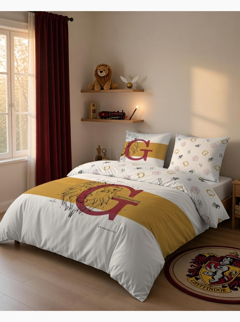 Housse de couette Harry Potter Gryffondor Lion 220x240 cm - 100% Coton - Blanche et or Blanc - Kiabi
