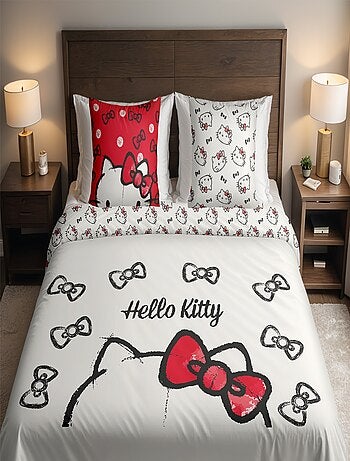 Housse de couette Hello Kitty nœuds 2 personnes - 100% Coton