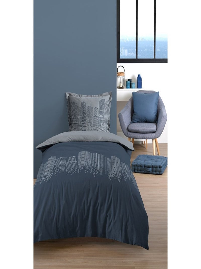 Housse de couette  Immeubles pétrole + taie(s) coton 42 fils Bleu - Kiabi