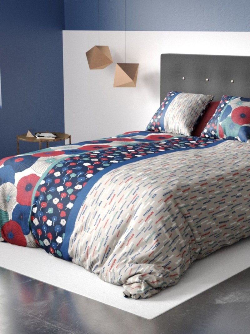 Housse de couette imprimée +  2 taies en coton 57 fils Bleu - Kiabi