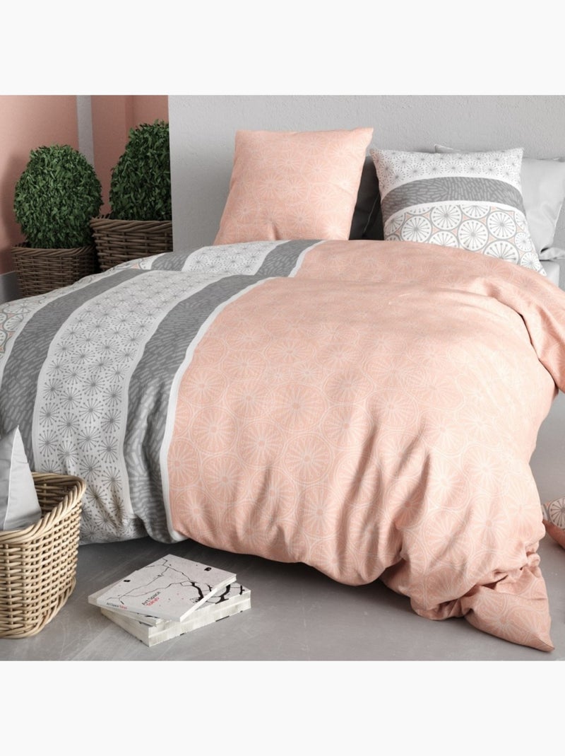 Housse de couette imprimée + 2 taies en coton 57 fils Rose - Kiabi