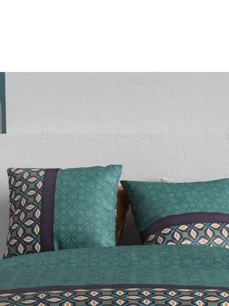 Housse de couette imprimée +  2 taies en coton 57 fils Vert - Kiabi