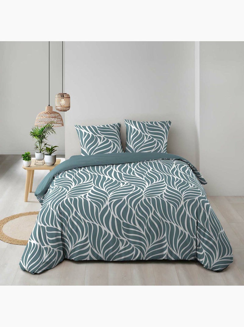 Housse de couette imprimée 57 fils  Feuillage moderne – 2 taies incluses Bleu - Kiabi