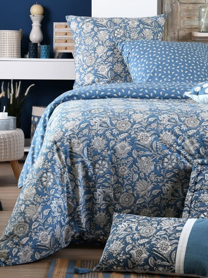 Housse de couette  Julianne bleu + 2 taies coton 57 fils Bleu - Kiabi