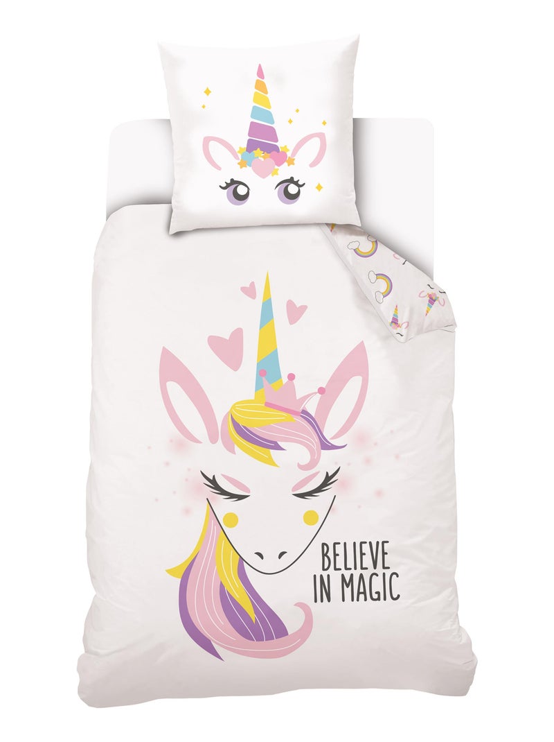 Housse de couette Licorne Lou&Loup 140x200 cm et taie d'oreiller - 100% Coton Blanc - Kiabi
