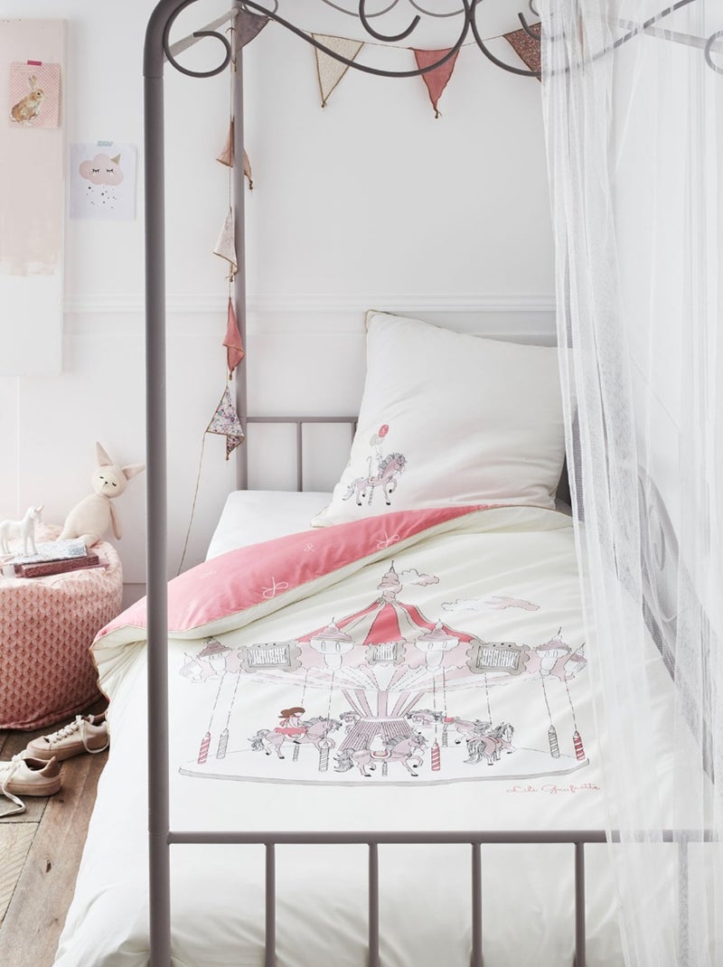 Housse de couette Lili Gaufrette Carrousel 140x200 cm et taie d'oreiller - 100% Coton Ecru - Kiabi