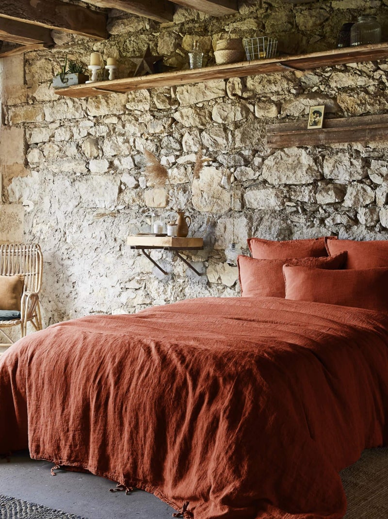 Housse de couette lin lavé Orange - Kiabi