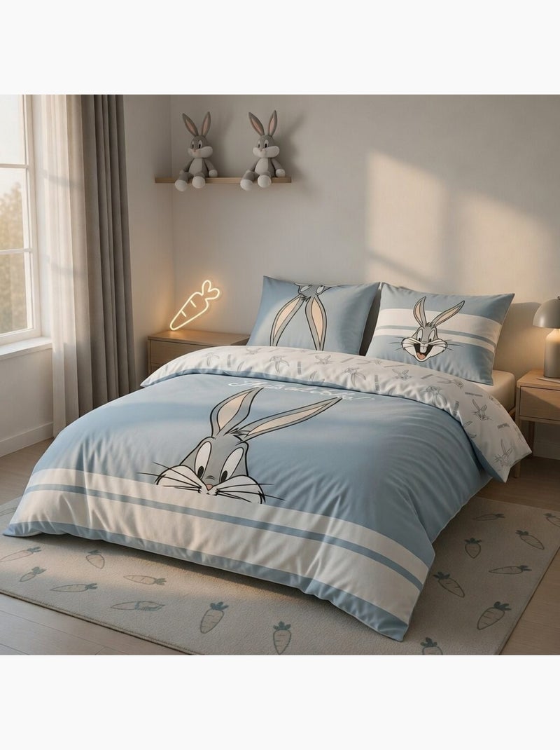 Housse de couette Looney Tunes Bugs Bunny 200x200 cm - 100% Coton Bleu - Kiabi
