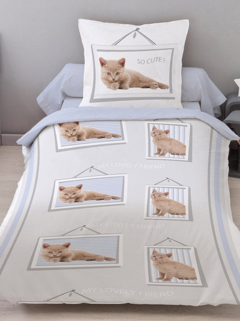 Housse de couette  Lovely friend + taies coton 52 fils Bleu - Kiabi