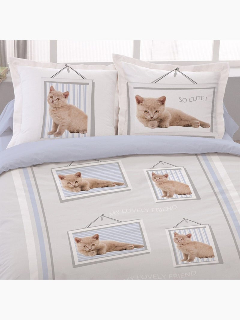 Housse de couette  Lovely friend + taies coton 52 fils Bleu - Kiabi