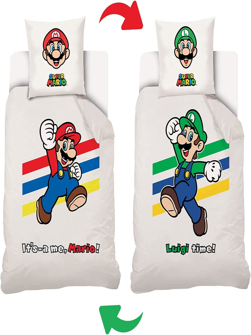 Housse de couette Mario et Luigi recto verso 140x200 cm - 100% Coton Blanc - Kiabi