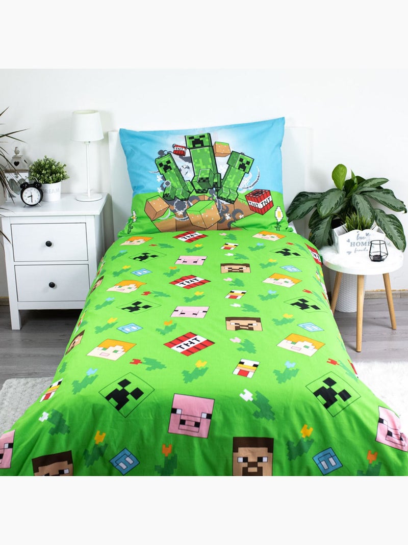Housse de Couette Minecraft Joueurs 140x200 cm avec taie - Parure de lit enfant Blanc Vert Bleu - Kiabi