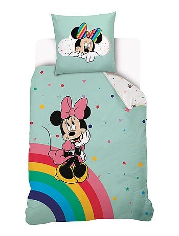 Housse de couette Minnie Disney Arc-en-ciel 140x200 cm - 100% Coton - Vert d'eau