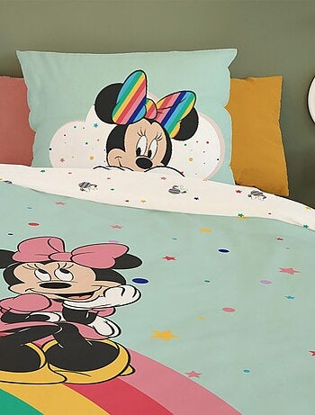 Housse de couette Minnie Disney Arc-en-ciel 140x200 cm - 100% Coton - Vert d'eau