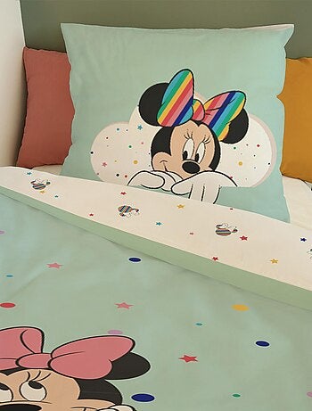 Housse de couette Minnie Disney Arc-en-ciel 140x200 cm - 100% Coton - Vert d'eau