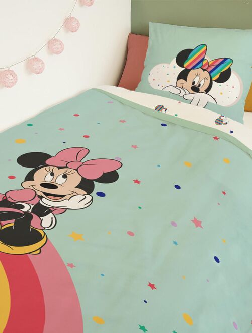 Housse de couette Minnie Disney Arc-en-ciel 140x200 cm - 100% Coton - Vert d'eau - Kiabi
