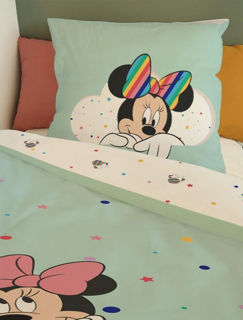 Housse de couette Minnie Disney Arc-en-ciel 140x200 cm - 100% Coton - Vert d'eau - Kiabi