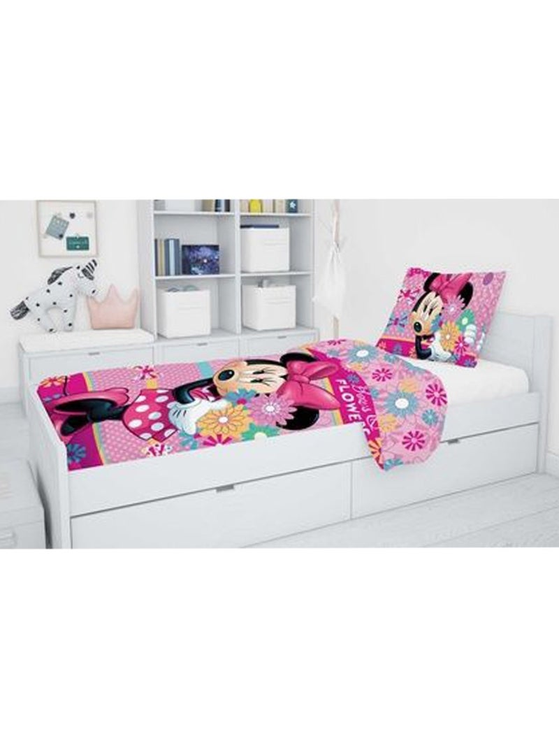 Housse de Couette Minnie Fleurs 140x200 cm + taie - Parure coton enfant Blanc Rose Noir - Kiabi