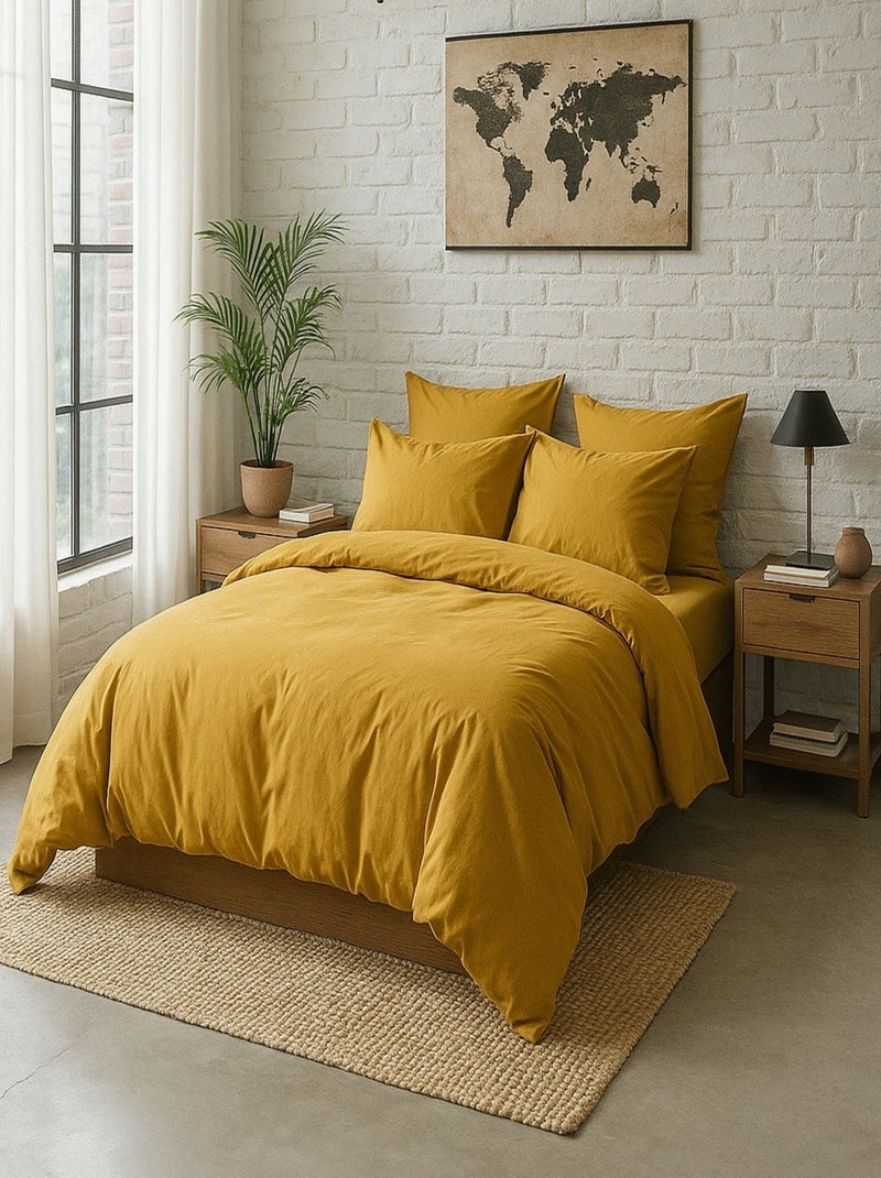Housse de couette – Percale de coton lavé Jaune moutarde - Kiabi