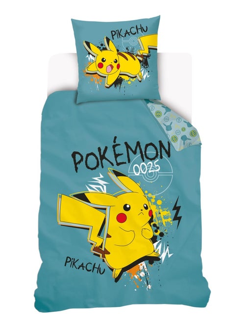 Housse de couette Pikachu Pokémon 140x200 cm - 100% Coton - Bleu canard - Kiabi