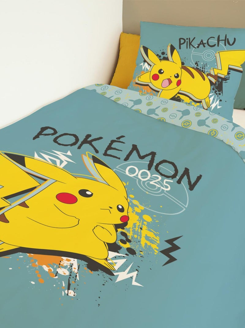 Housse de couette Pikachu Pokémon 140x200 cm - 100% Coton - Bleu canard Bleu - Kiabi