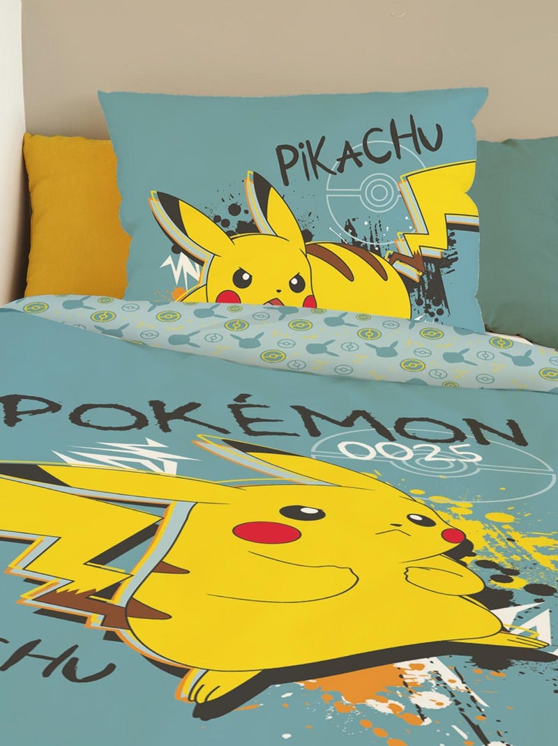 Housse de couette Pikachu Pokémon 140x200 cm - 100% Coton - Bleu canard Bleu - Kiabi
