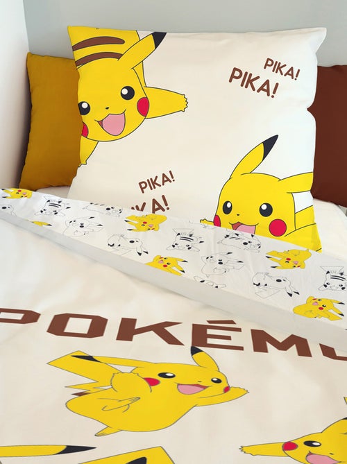 Housse de couette Pikachu Pokémon 140x200 cm - 100% Coton - Ecru - Kiabi