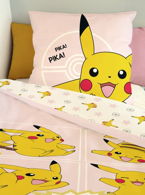 Housse de couette Pikachu Pokémon 140x200 cm - 100% Coton - Rose pale - Kiabi