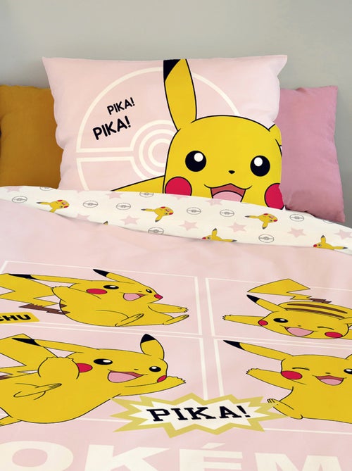Housse de couette Pikachu Pokémon 140x200 cm - 100% Coton - Rose pale - Kiabi