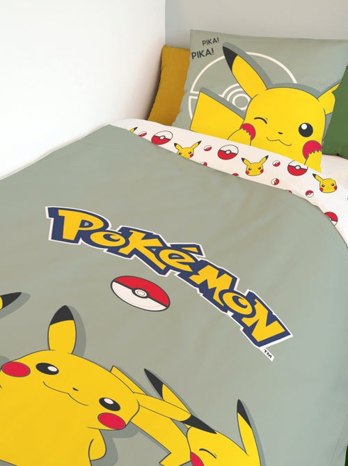 Housse de couette Pikachu Pokémon 140x200 cm - 100% Coton - Vert sauge - Kiabi