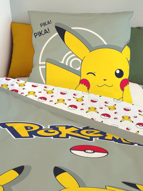 Housse de couette Pikachu Pokémon 140x200 cm - 100% Coton - Vert sauge - Kiabi