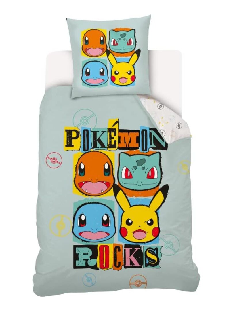Housse de couette Pokemon Pikachu Rocks 140x200 cm - 100% Coton Vert d'eau - Kiabi