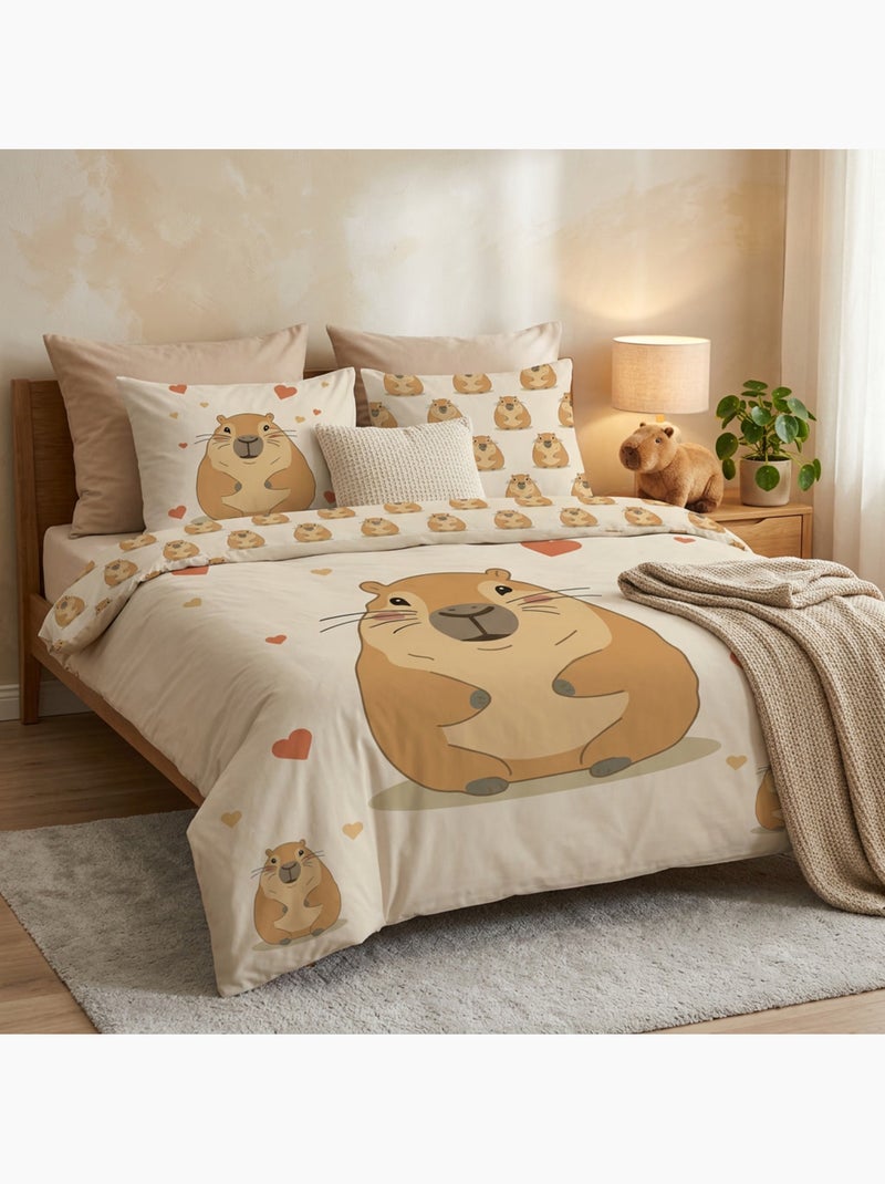 Housse de Couette Polycoton Capybara Kawaii 220x240cm + 2 Taies 65x65cm - Parure Coeurs Beige Beige/Blanc - Kiabi
