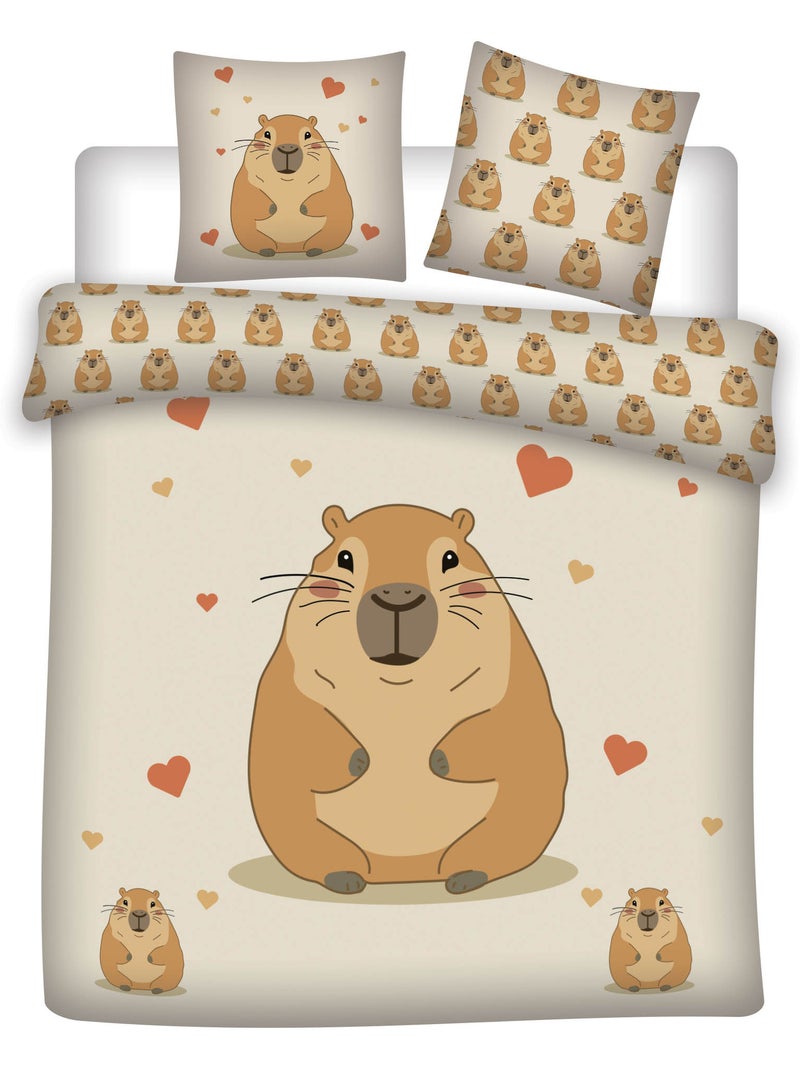 Housse de Couette Polycoton Capybara Kawaii 220x240cm + 2 Taies 65x65cm - Parure Coeurs Beige Beige/Blanc - Kiabi