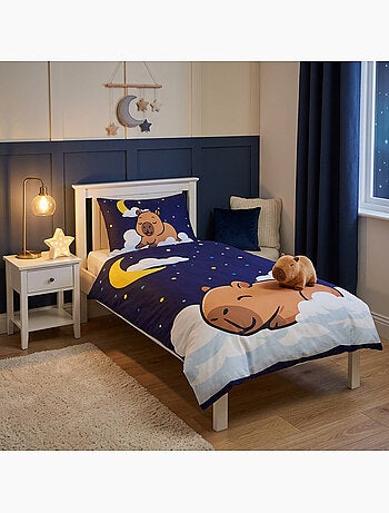 Housse de Couette Polycoton Capybara Nuit Etoilee 140x200cm + Taie 65x65cm - Bleu Marine