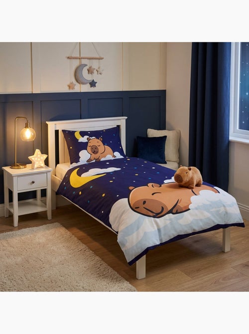 Housse de Couette Polycoton Capybara Nuit Etoilee 140x200cm + Taie 65x65cm - Bleu Marine - Kiabi