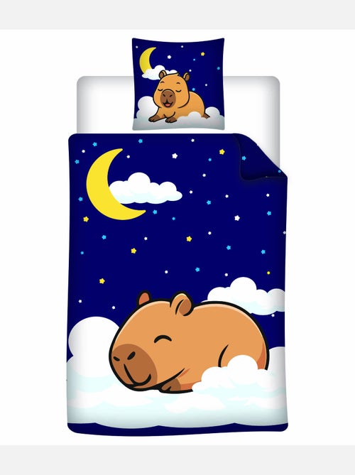 Housse de Couette Polycoton Capybara Nuit Etoilee 140x200cm + Taie 65x65cm - Bleu Marine - Kiabi
