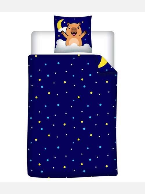 Housse de Couette Polycoton Capybara Nuit Etoilee 140x200cm + Taie 65x65cm - Bleu Marine - Kiabi