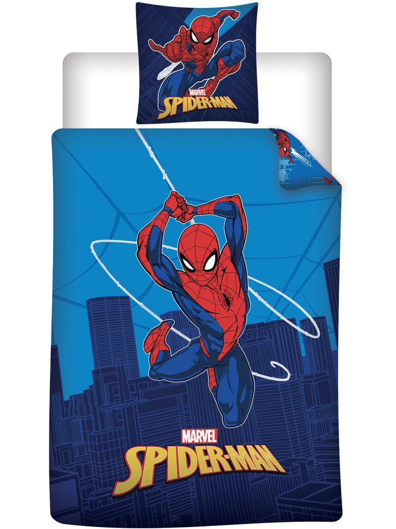 Housse de Couette Polycoton Spider-Man Licence Officielle Marvel 140x200cm + Taie 65x65cm Noir Bleu - Kiabi