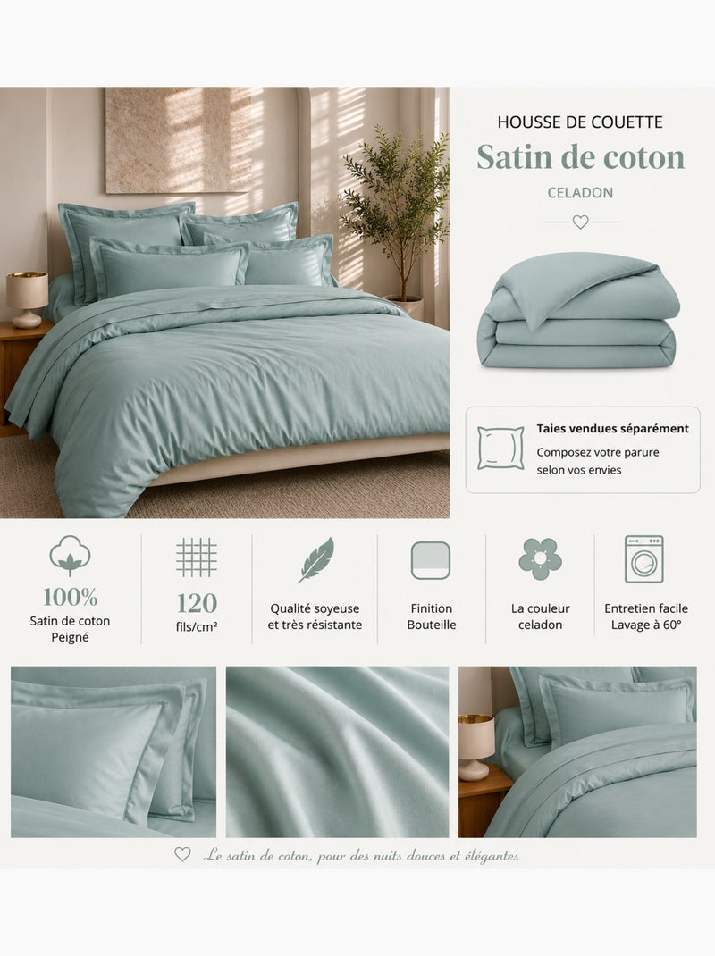 Housse de couette prestige 120 fils/cm² satin de coton Vert d'eau - Kiabi